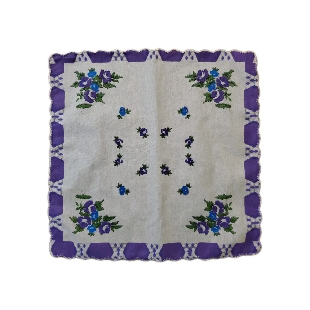 Linen Purple Rose Floral‎ Handkerchief Scalloped Cottage Core Bridesmaid Granny